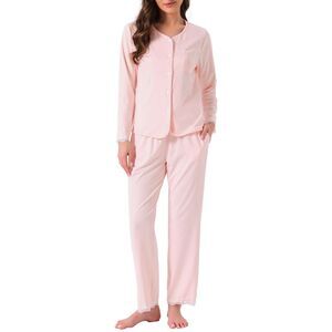 Pajamas Sets Lace Trim Elastic Waist Pant Suit with Pocket Pink